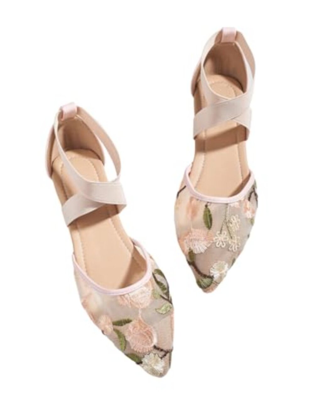 Women's Mesh Ballet Flats Pointed Toe Floral Embroidery Ankle Strap